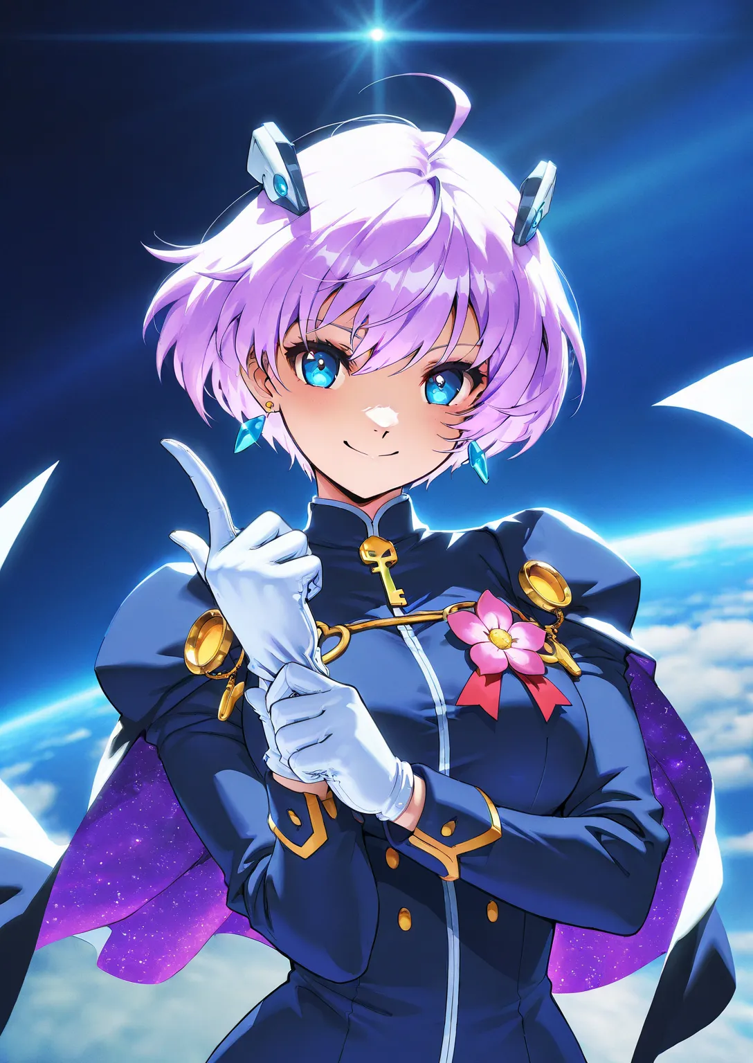 1girl, gloves, white_gloves, solo, short_hair, jewelry, flower, adjusting_gloves, cape, blue_eyes, earrings, breasts, two-tone_cape, adjusting_clothes, looking_at_viewer, sky, anime girl with purple hair and blue eyes in uniform, best anime 4k konachan wal...