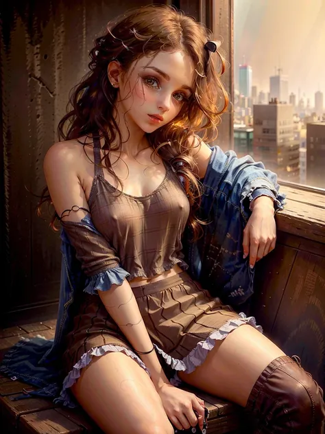 beautiful girl,  is sitting,  On her legs. Panties are visible under her skirt, realistic photo, detailed portrait, photorealistic, 4K, HDR, studio lighting, Highly detailed,  Realistic texture , naturalistic colors, bright palette, warm tones,  tower, the...