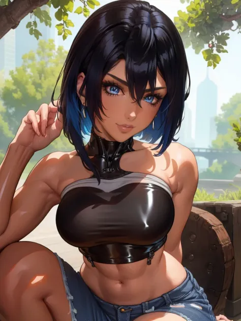 8k, highres, ultra detailed, (masterpiece:1.4), best quality, symmetrical body, (black latex strapless crop top:1.4), (jeans shorts:1.4), choker, cute, solo, earrings, short hair, blue hair, blue eyes, glow effect, finely eye, detailed face, looking at vie...