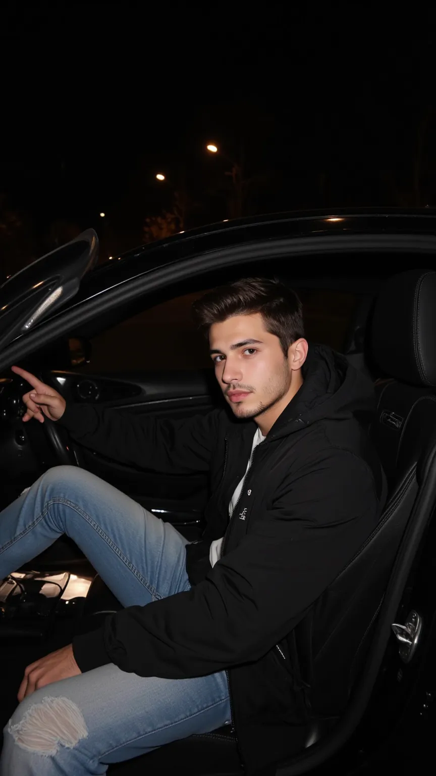 a handsome young turkish guy with muscle, dark short hair fade and goatee he wearing a white tshirt and a black lacoste glossy pufferjacket and a loose jeans he is in a mercedes s coupe in black amateur photo random picture its night and location is german...