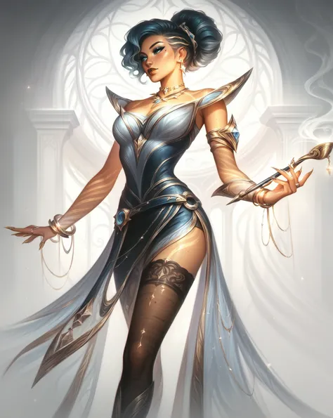 Best aesthetic, lolsplashart, a woman, positioned slightly off-center to the left, is depicted in a stylized, full shot. She is of light-medium complexion and appears to be in her late twenties or early thirties.  Her hair is short, black, and styled in a ...