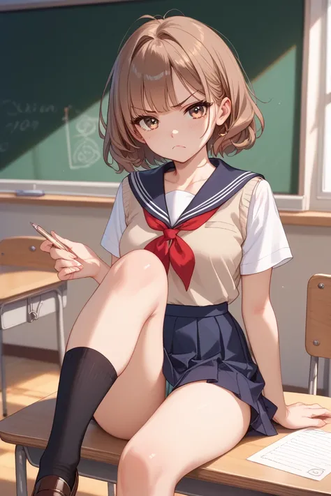 Masterpiece, beautiful girl, popular girl, classmate, popular classmate, tsundere, sitting at the classroom desk, legs crossed, brownhair, cute, tall