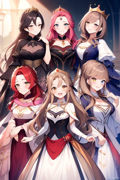 A group of royal princesses and queens in a grand medieval castle hall, they are mature and has beautiful faces, wearing diverse elegant gowns and golden crowns. Each character has unique features, such as different hairstyles, eye colors, and dress styles...