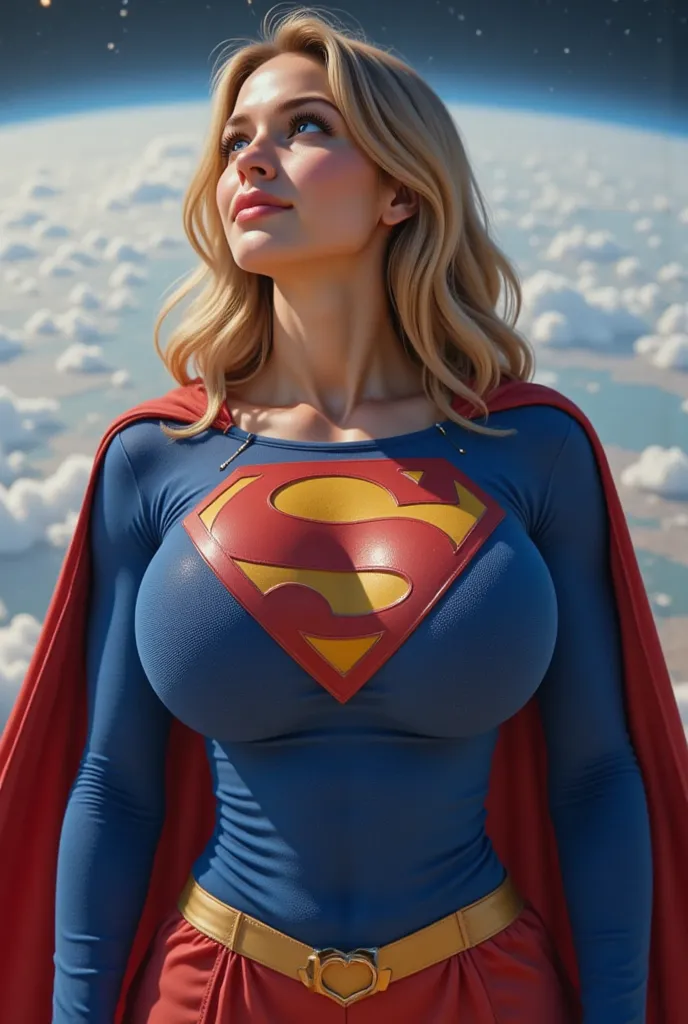 CUTE INNOCENT FACE, HAIR UP AND WEARING GLASSES STARING DOWN AT EARTH FROM SPACE (A SEXY 20-YEAR-OLD BLONDE FEMALE AS SUPERGIRL) A highly detailed and ultra-textured 8K high-resolution image of an iconic 1980s Supergirl costume. The outfit consists of a vi...