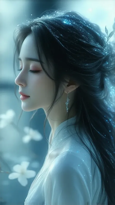 beautiful aura　amazing beauty　Mysterious　very beautiful blue　blue　Like a celestial maiden
sparkling hair ornament　Beautiful loose hair that goes up to the waist　Full body　A woman who looks in front of her memories is beautiful　I'm closing my eyes lovingly　...