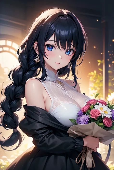 Anime-style, black hair, black eyes, fair skin, cute cafe employee android, holding a bouquet of flowers, Futuristic, Transparent orange sparkling
Art by Masterpiece, Highest quality, High Resolution, ( white background: 1.4), [ glitter], [staring at viewe...