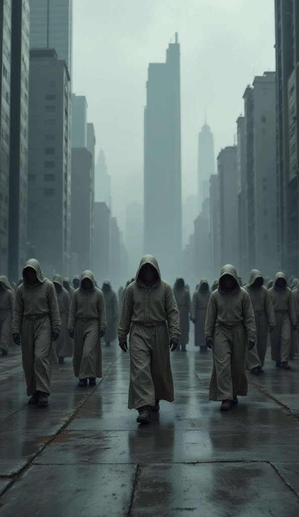 Realistic and representative image of a dystopian current situation in which all people dress the same in everyday life, even if they have different jobs and obligations