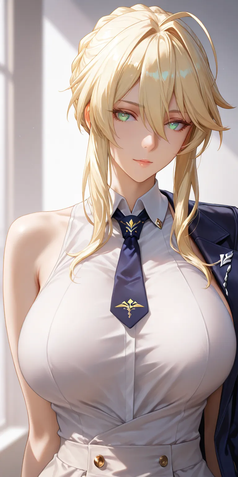 Masterpiece, very aesthetic, vibrant, high contrast, high resolution, ultra detailed, elegant mature woman, artoria pendragon (lancer) (fate), curvaceous, upper body, tie, sleeveless collared shirt, jacket, side boobs, soft light, best quality, honkai: sta...