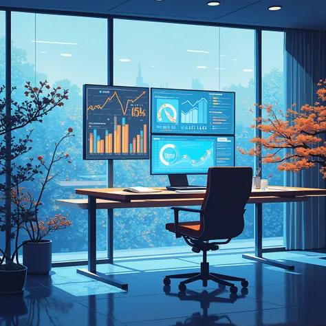 illustration in intense cold colors predominating ,   minimalism of an office with screens with charts and flowcharts of increasing earnings of various sizes and colors with a desk with an orange and blue laptop computer and a chair,  windows glass walls t...