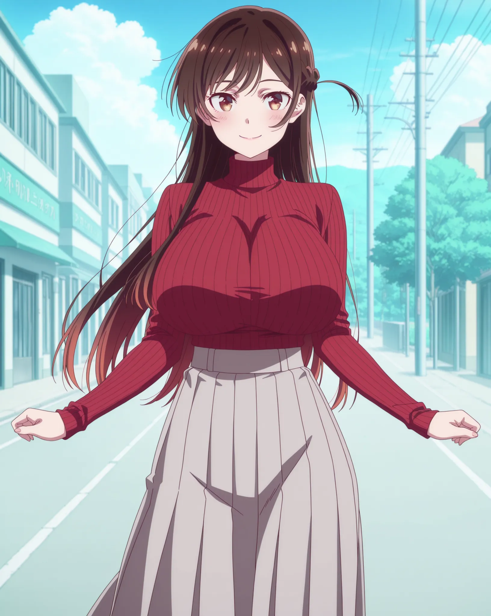 score_9, score_8_up, score_7_up, source_anime, anime coloring, anime screencap, 1 girl, solo, Chizuru Mizuhara (Kanojo Okarishimasu), brown hair, shiny hair, brown eyes, long hair, braid, loving smile, white beautiful skin, huge breasts, standing, hands on...