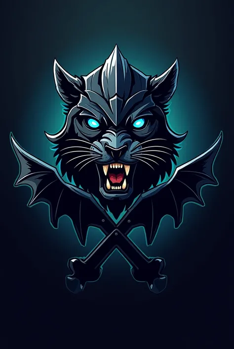 "A fierce black leopard wearing a futuristic battle helmet, with glowing blue eyes and sharp fangs. The helmet has intricate details with a sleek, armored look. Behind the leopard, two crossed bats form an X-shape, adding a warrior-like presence. The overa...