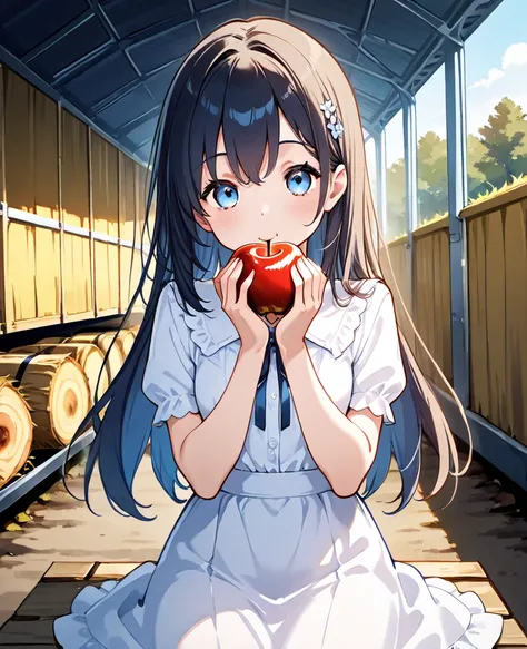 A girl lies in a haystack naked and very very thin holding a decorated apple in her hands and eating, against the backdrop of a farm hangar 