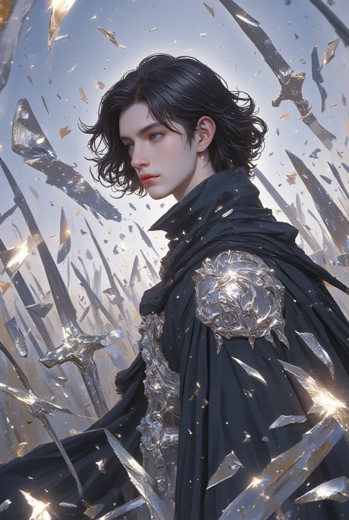 a handsome young man, medium long black hair, wearing light armor color absolute black, shows his full body and focused on details, Frodo from a field full of broken swords