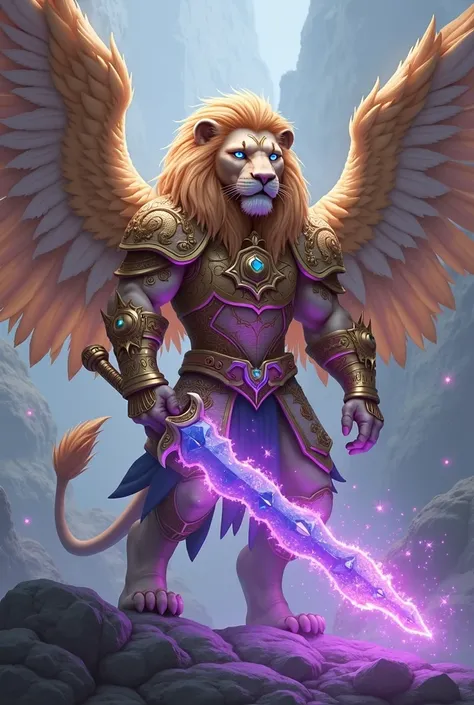 A white lion with wings of light with golden armor with blue crystals carrying a blue sword with violet flames and a wizard's staff