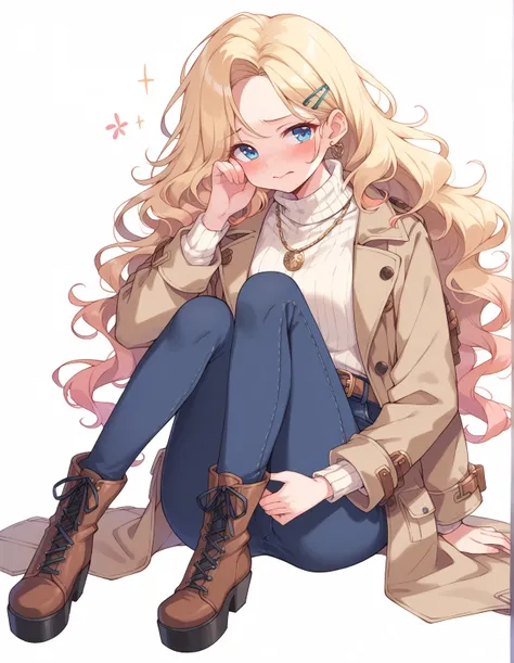 Cartoon style, full body shot of a  adult  woman with long wavy blonde hair, blue eyes, slightly flushed cheeks, wearing a long brown coat with a belt, a green turtleneck sweater, dark blue pants, and dark blue platform boots. She has a slightly awkward or...