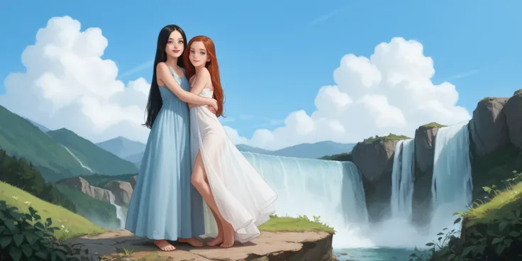 A age girl hugging a black bear, long transparent dress, neckline, straight black hair,  Very long hair, freckles, detailed ribs,  flat breasted,  Medium and pointed breasts, full body, small bare feet, red lips, eyeliner,  smile, waterfall, clouds,  blue ...