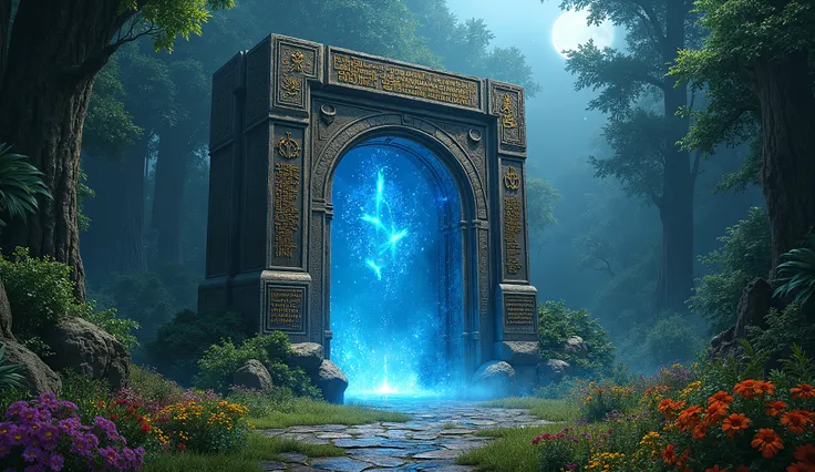  amidst a lush forest , an imposing stone portal rises, covered by brilliant inscriptions in various ancient languages. Cupós and colorful flowers grow around it, as if nature were integrated with its energy. Moonlight crosses the portal, creating a passag...