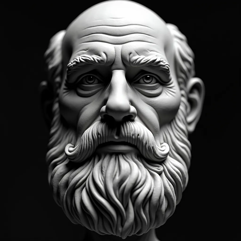 Hyper-realistic black & white close-up of an old bearded man, sculpted as a lifelike marble statue, facing forward and staring into the camera. His beard is intricately carved with deep flowing strands, and his face has subtle weathered cracks. Soft, diffu...