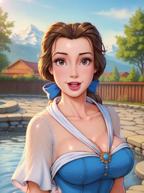 belle,1girl, solo, brown hair, shirt,brown eyes, smile, white shirt, looking at viewer, upper body, outdoors, bow, ponytail, open mouth, long hair, hair bow, blue dress, blue bow, dress,parody,large breasts, 8k, Obra maestra, mejor calidad, ultra detallado...