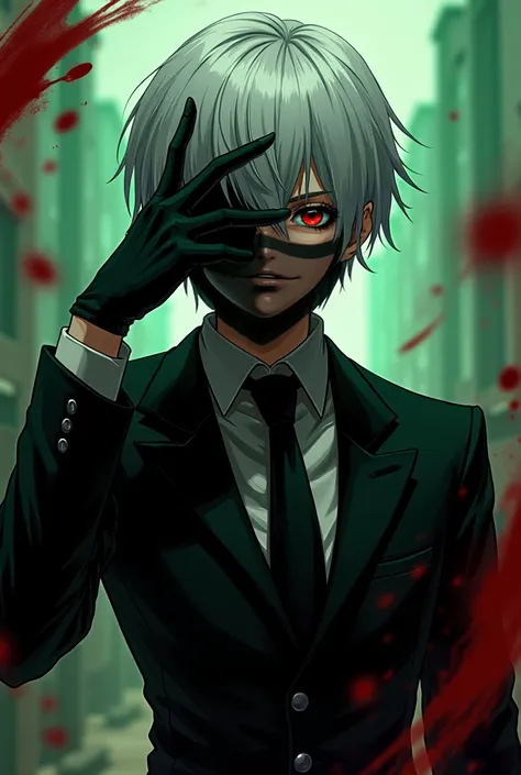 ken kaneki character design, tokyo ghoul, tokyo ghoul black mask with teeth, full body, anime style, (best quality,4k,8k, high res, masterpiece:1.2), ultra-detailed, flash photography, high saturation, bold colors, dramatic green lighting, white hair, intr...