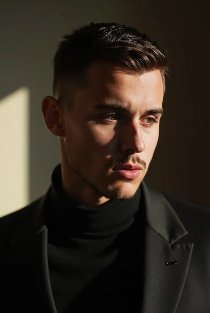 > A young and sophisticated man, with a short, textured haircut on the sides and a little bulkier on the top,  exactly as in the reference image . It has a serious expression and a slight touch of mystery, captured in an elegant and cinematic setting. The ...