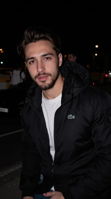 a handsome young turkish guy with muscle, dark short hair fade and goatee he wearing a white tshirt and a black lacoste glossy pufferjacket and a loose jeans he is in a mercedes s coupe in black amateur photo random picture its night and location is german...