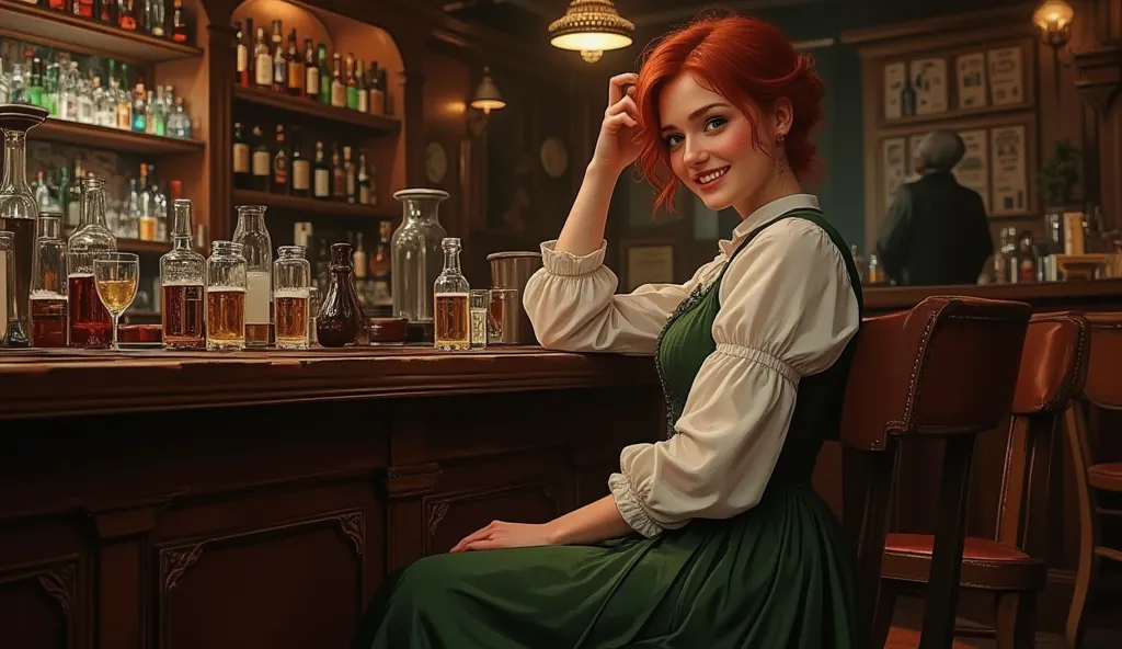 Concept art. The style of Victorian England. A young cheerful Irish woman with short red hair and freckles. Sitting cross-legged in a Victorian bar and smiling coquettishly Wearing a Victorian-style dress