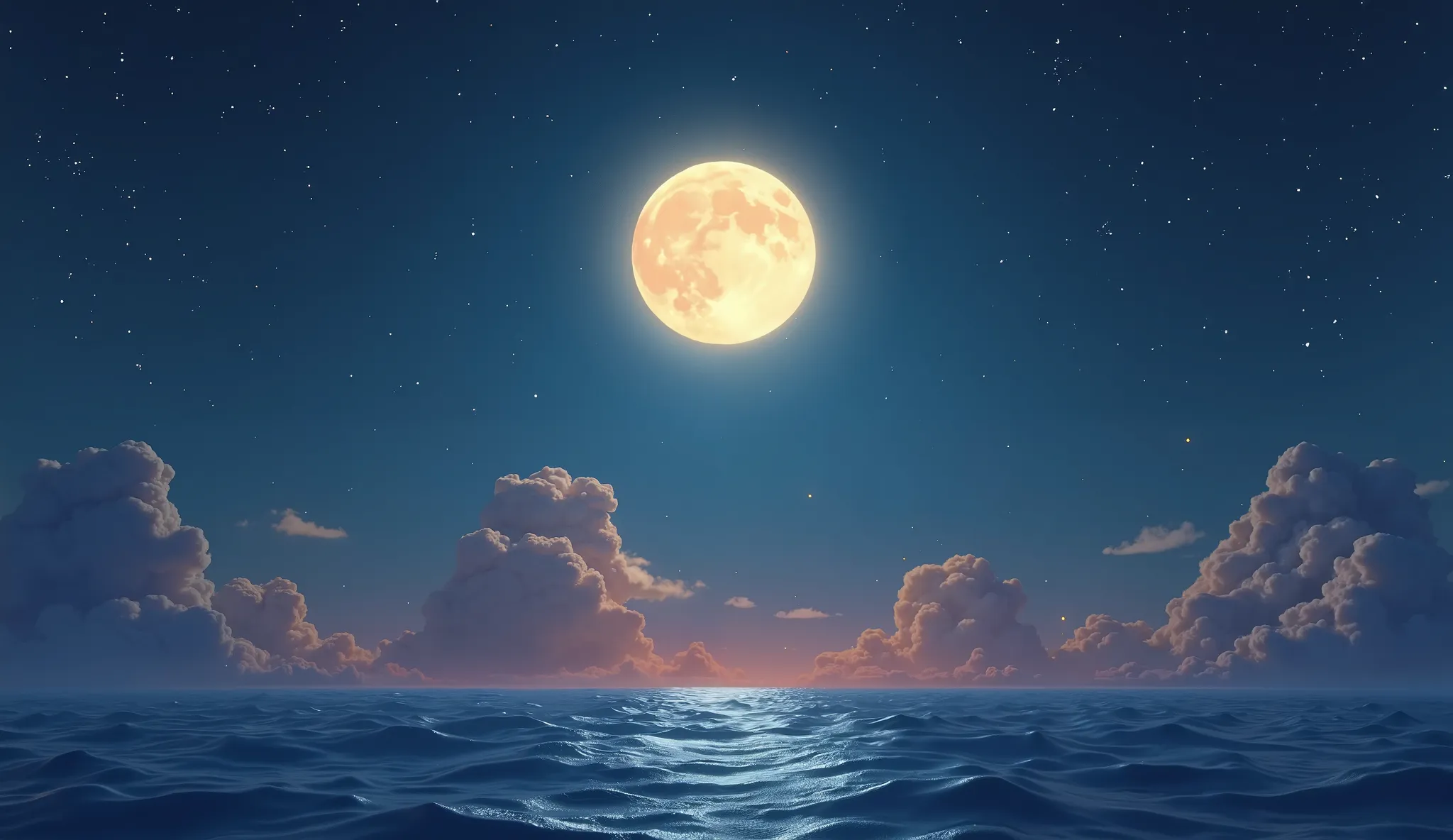 [Enlarged view of the night sky with the full Moon, whose special brightness highlights shades of blue, yellow, pink and orange], [estilo Octonauts 3D]. No creatures, animals, humans, vehicles or robots in the image.