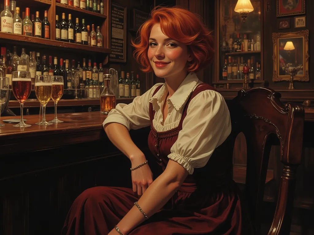 Concept art. The style of Victorian England. A young cheerful Irish woman with short red hair and freckles. Sitting cross-legged in a Victorian bar and smiling coquettishly Wearing a Victorian-style dress