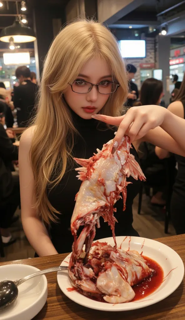 3k, UHD, masterpiece, blonde long hair, glasses, bloosy lips, mouth open, random expression, beautiful korean woman grabbing bloody gore raw ripped fish with her very long sharp nails, bloody claw-like, restaurant with a lot of people, side view, bright li...