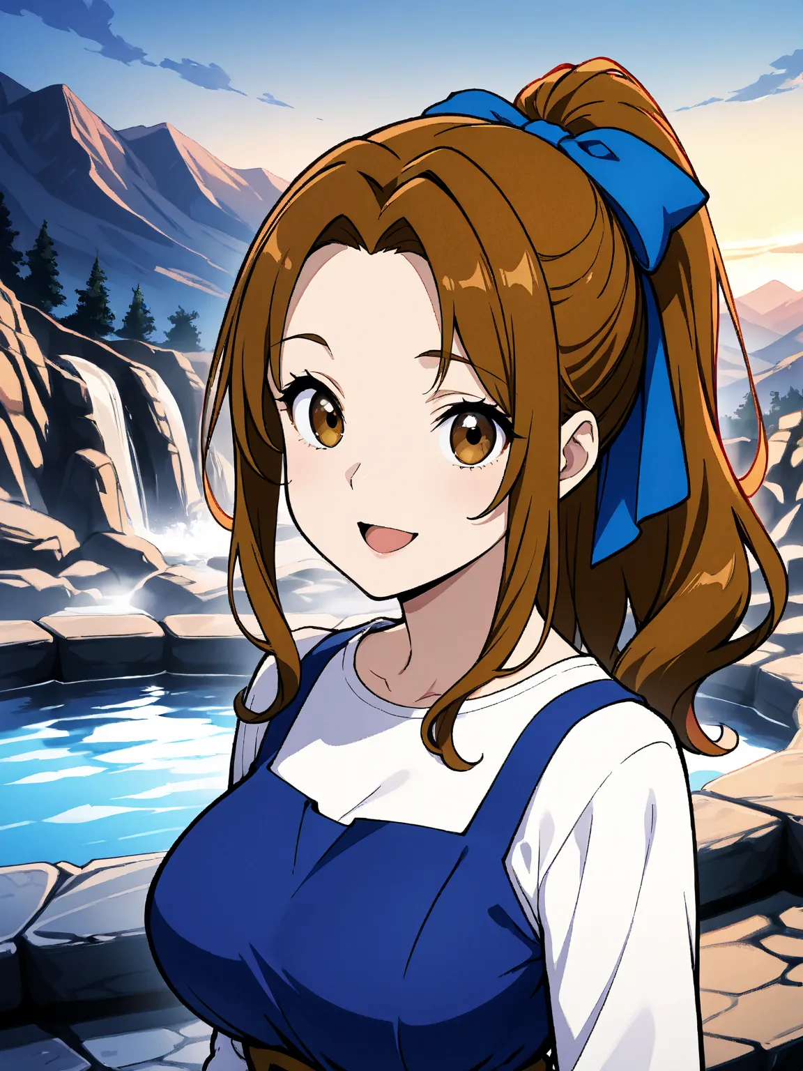 belle,1girl, solo, brown hair, shirt,brown eyes, smile, white shirt, looking at viewer, upper body, outdoors, bow, ponytail, open mouth, long hair, hair bow, blue dress, blue bow, dress,parody,large breasts, 8k, Obra maestra, mejor calidad, ultra detallado...