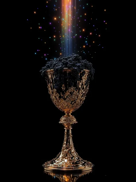 Chalice of the anger of God featuring a black body void substance up with glimmering little points of rainbow collors from the chalice, royal golden cup, realistic and highly detailed dark artwork except the golden chalice.