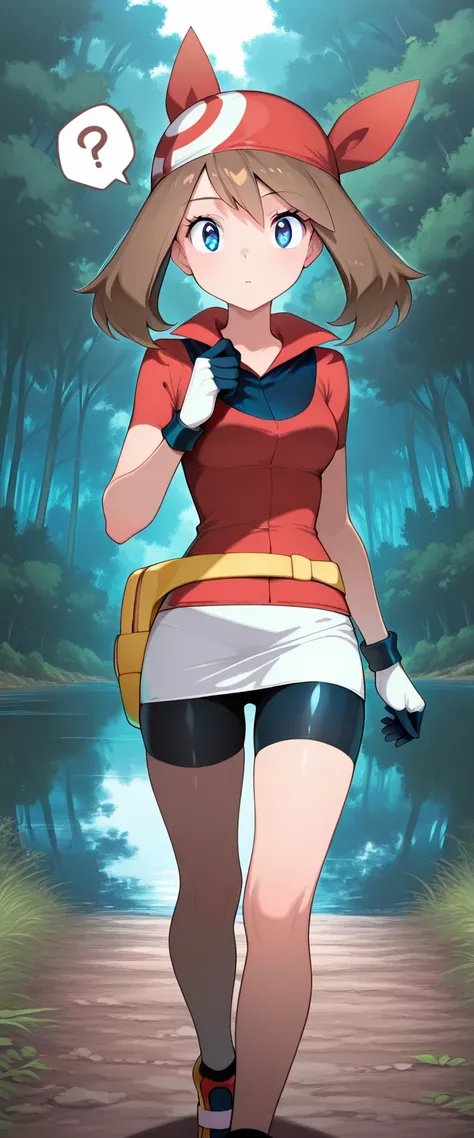 masterpiece, best quality,1girl,solo,zzMay, may (pokemon), solo, brown hair, blue eyes, medium hair, red shirt, bike shorts, red bandana, red shirt, gloves, white miniskirt, yellow belt,walking,forest,lakeside,looking at viewer,spoken question