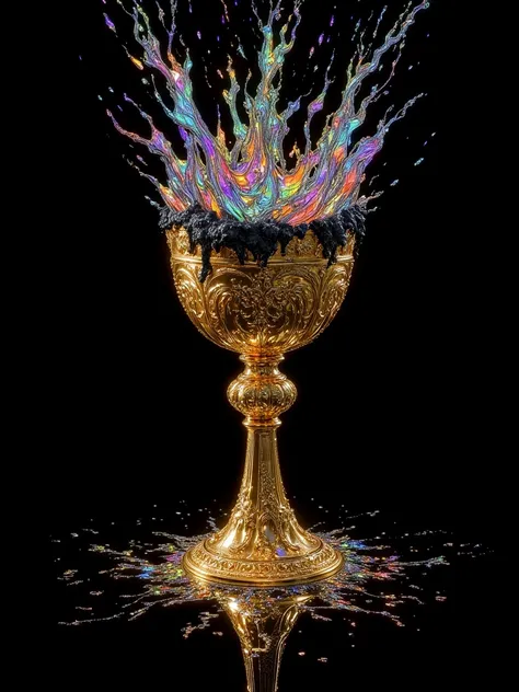 Chalice of the anger and fury of God featuring a black body void sintetic plasmatic substance up with glimmering little points of rainbow collors from the chalice, royal golden cup, realistic and highly detailed dark artwork except the golden chalice.