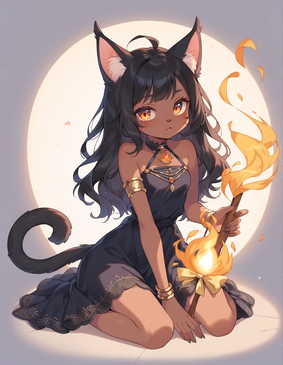 Anthromorphic cat girl, dark gray skin, amber eyes, long black straight hair, small cat ears, four white freckles on each cheek, wearing a tight-fitting black dress, holding a glowing yellow flame in her left hand, simple background, full body. Style: clea...