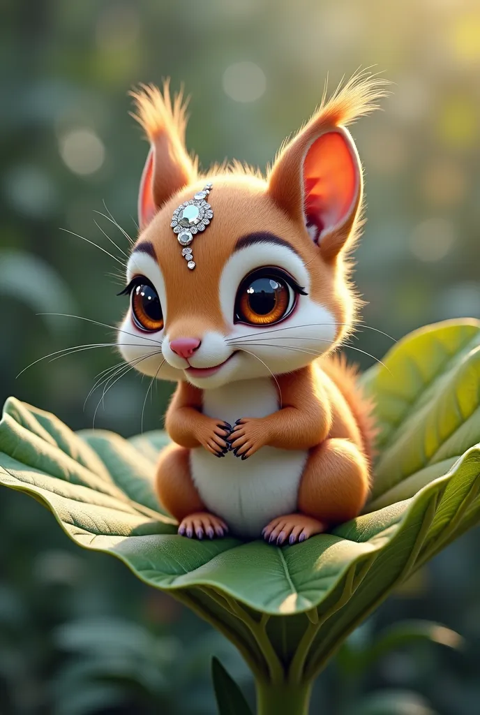 A baby squirrel sitting on a leaf, With diamonds,  Curious eyes , its fluffy tail wrapped around its body."