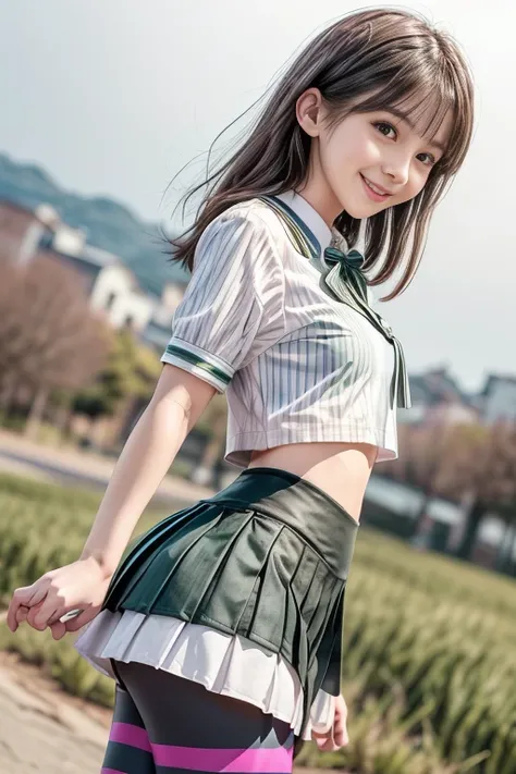  2 girls,    (white blouse)、(Pleated White Micro Mini Skirt Uniform),bangs,smile, (  thighs) , Video Viewer, (  low angle:1.2),( horizontal striped colored leggings under the skirt :1.3), ((Rubber Green Horizontal Striped Leggings)),(short knee-length legg...