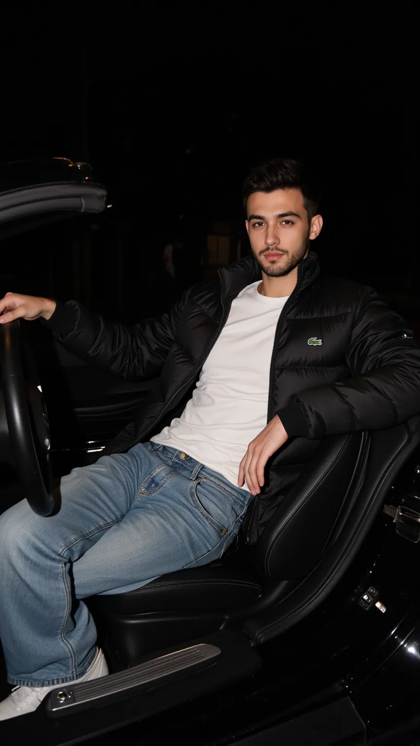 a handsome young turkish guy with muscle, dark short hair fade and goatee he wearing a white tshirt and a black lacoste glossy pufferjacket and a loose jeans he is in a mercedes s coupe in black amateur photo random picture its night and location is german...