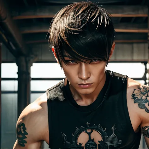 1 Japanese streampunk goth man, male, Asian eyes, muscular, broad shoulders, tattoos, hairstyle mohawk cut, black men's shirt and black pants, ultra detailed face and eyes, hyperrealistic, realistic representation, shoulder-length hair, 40 years old, age 4...