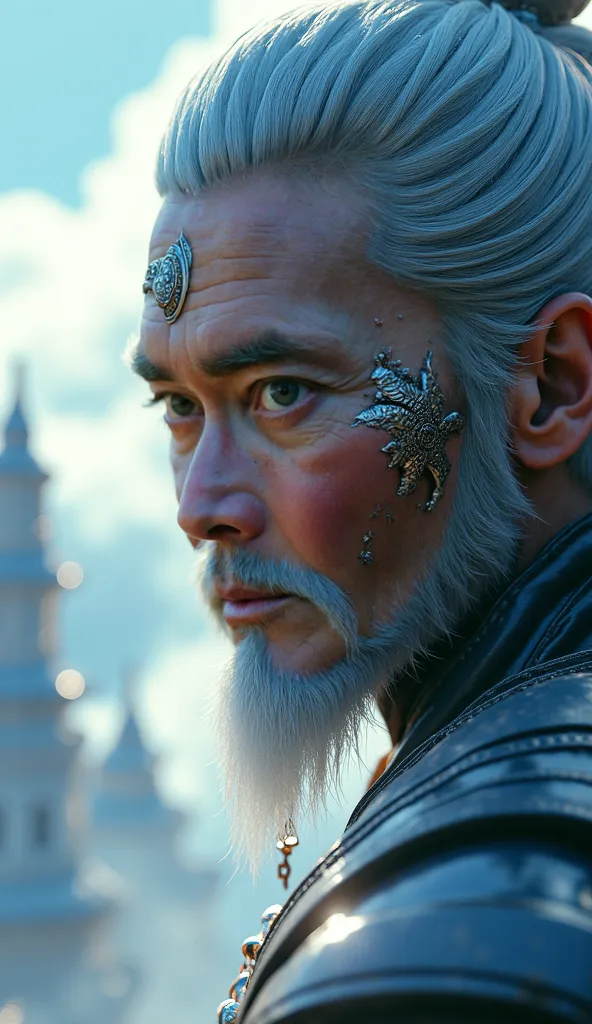  Here is a detailed prompt to generate an image  ** super realistic** as **FUJIN**, focused **only on the face**, with shiny silvery-white hair and striking details:  

---  
**"Close-up hiper-realista do rosto as FUJIN, Mark Dacascos's wind god * mortal k...