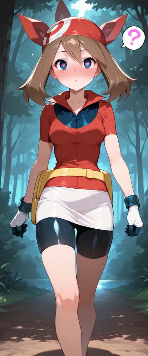 masterpiece, best quality,1girl,solo,zzMay, may (pokemon), solo, brown hair, blue eyes, medium hair, red shirt, bike shorts, red bandana, red shirt, gloves, white miniskirt, yellow belt,walking,forest,lakeside,looking at viewer,spoken question,blush,mind c...