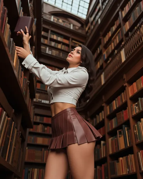 Vue en contre plongée (low angle) vue de dos
Shooting ((dans British Library à Londres, le modèle magnifique est debout et choisis un livre))
Styles vestimentaires : ((tenue d'écolière traditionnelle et classique : une jupe plissée à carreaux, un chemisier...