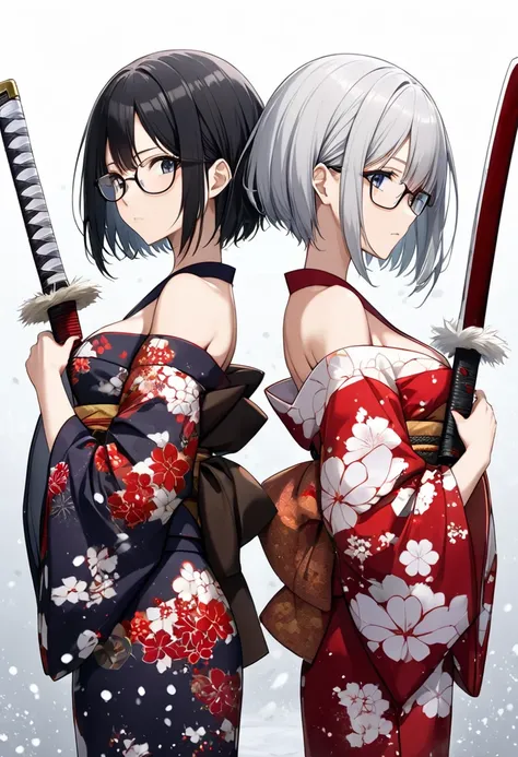 score_9, score_8_up, score_7_up, score_6_up, score_5_up, score_4_up, source anime,2girl,twins,black short hair,medium breasts,wearing glasses,japanese traditional kimono printed winter pattern,bare shoulder,cleavage cutout,blash up own hair,holding one lon...