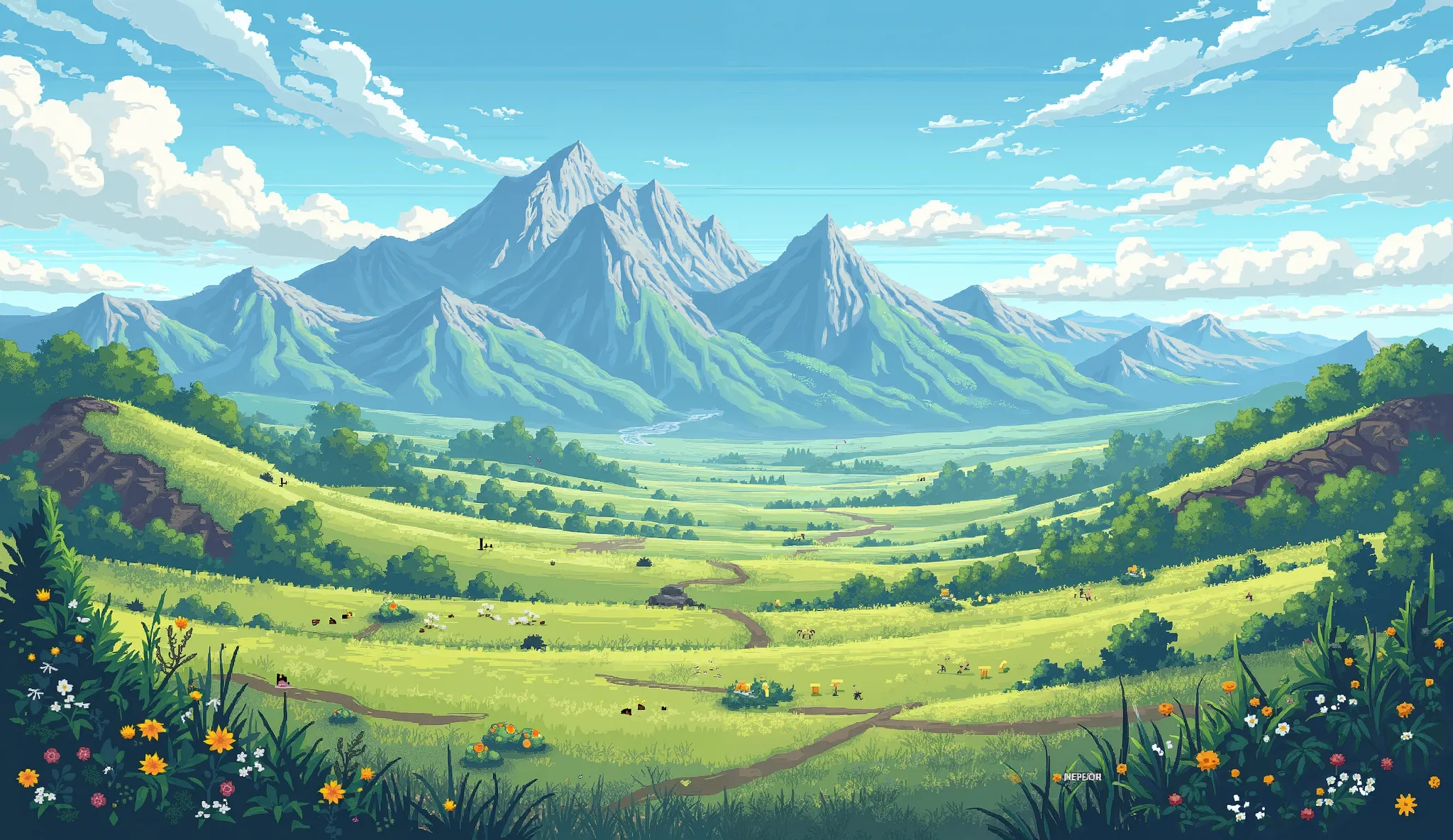 pixel videogame art style landscape, plains landscape, Terraria type