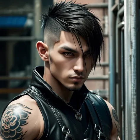 1 Japanese streampunk goth man, male, Asian eyes, muscular, broad shoulders, tattoos, hairstyle mohawk cut, black men's shirt and black pants, ultra detailed face and eyes, hyperrealistic, realistic representation, shoulder-length hair, 40 years old, age 4...