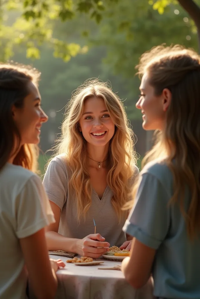 Thomasin mckenzie, casual clothes, nice smile, with younger girlfriends, blonde, looking to phone.