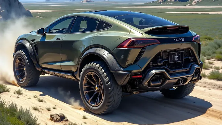 The vehicle in the image appears to be a striking concept or custom model from Tesla, likely designed for off-road capabilities given its rugged tires and aggressive styling. The bold back grille and prominent wheel arches enhance its robust appearance. Su...