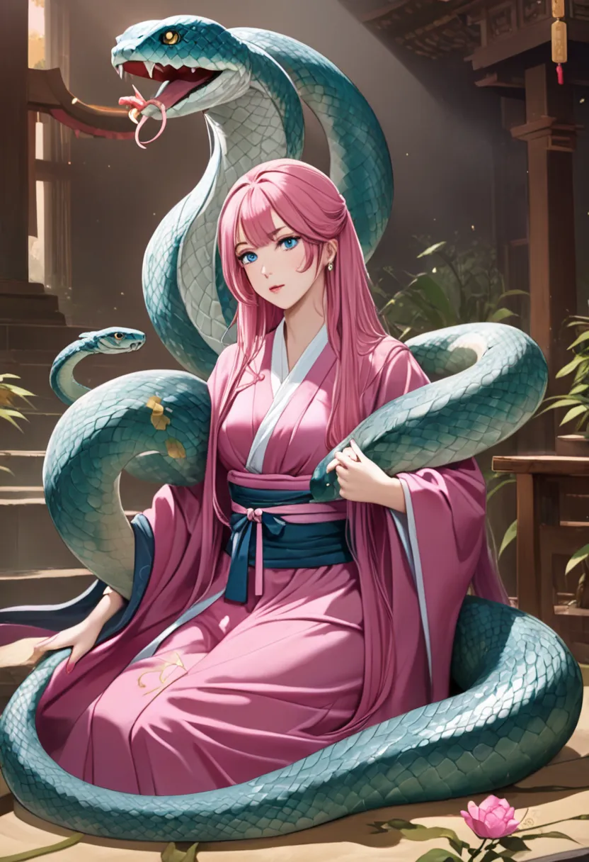 masterpiece, best quality, good quality, very aesthetic, absurdres, newest,1girl, delicate hanfu, animal, blue eyes, crossed legs, giant snake, girdle, high heels, jewelry, long hair, oversized animal, pink hair, snake, looking_at_viewer, Epic,Great,Mother...