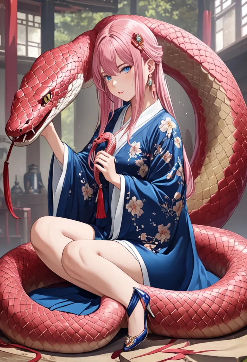 masterpiece, best quality, good quality, very aesthetic, absurdres, newest,1girl, delicate hanfu, animal, blue eyes, crossed legs, giant snake, girdle, high heels, jewelry, long hair, oversized animal, pink hair, snake, looking_at_viewer, Epic,Great,Mother...