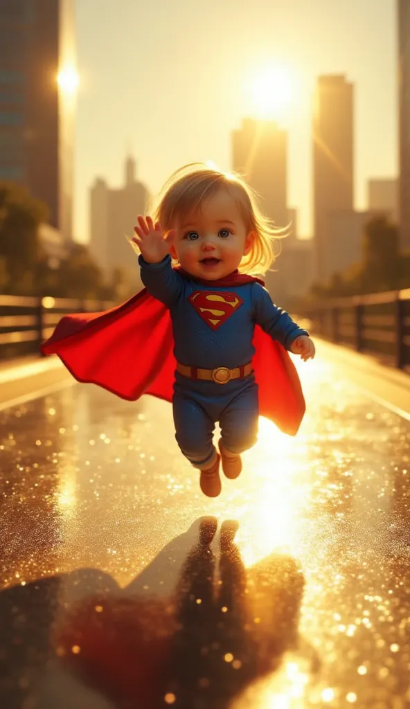 A bright-eyed baby Supergirl hovers slightly above the glittering runway, her tiny red cape flapping as if she’s learning to fly. Her miniature blue and red suit fits perfectly, and she waves cheerfully to the audience. The background features a golden, su...